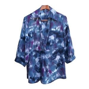 Retro 70's Wing Collar Surplice Long‎ Sleeve Tunic Top Blurred Brushstroke Sz 1X